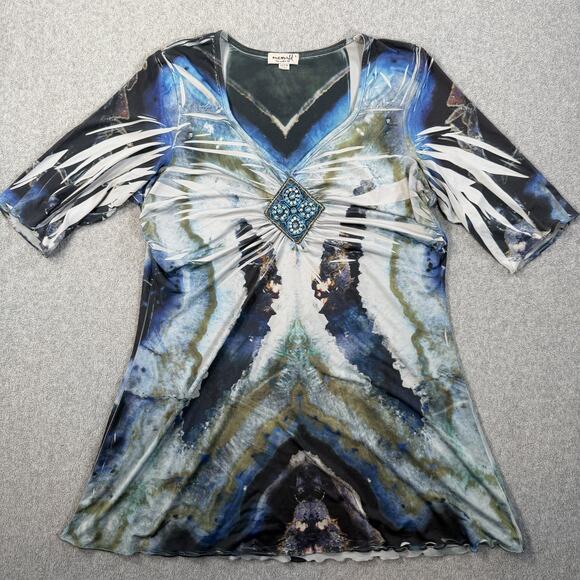 oneworld Tops - Oneworld Women's Large Blue Green Abstract Beaded Ruched V-Neck Tunic Top
